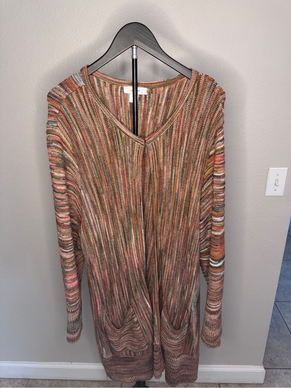 CJ Banks Multicolor Striped Open-Front Knit Cardigan - Rust, Olive, Cream